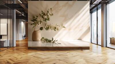 Minimalist space with light and marble for products. Image generated by AI. Wall mural