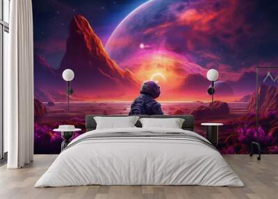 Synthwave astronaut on an alien planet looking out. IA generative. Wall mural