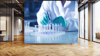 Scientist hands close-up nanomaterial nanotec nanotechnology conducting research fiber microfiber microbiology medicine healthcare pharma production lab laboratory science chemistry genetic genes Wall mural