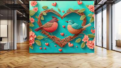 spring background with birds and love hearts papercut style ,background with birds,background with birds and flowers Wall mural