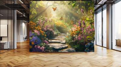 A beautiful garden with a stone path and a variety of flowers Wall mural