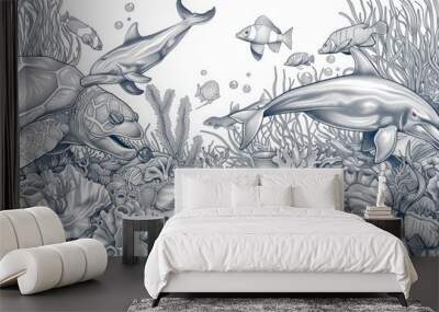 A blue and white drawing of a coral reef with a variety of sea creatures Wall mural