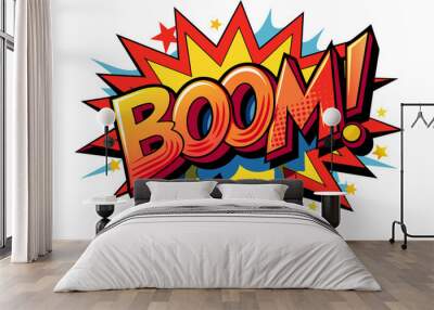 A comic book style illustration of the word BOOM with a red Wall mural