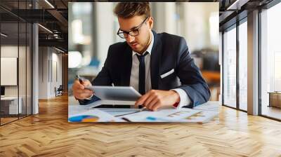 A focused man in a suit analyzes data on a tablet while referencing reports and charts in a modern office setting. Wall mural