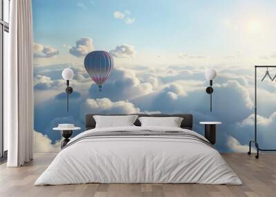 A lone hot air balloon drifts serenely through a vast expanse of fluffy white clouds.  Wall mural