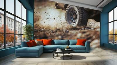 Close-up of four-wheel-drive vehicle off-road tires navigating a muddy woodland road. Wall mural