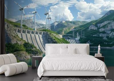 dam on the river with windmill spinning wind turbines on the eco farm. Energy concept Wall mural