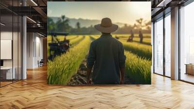 Farmers woring in the rice farm checking and examine .Agriculture innovation and cultivation concept Wall mural