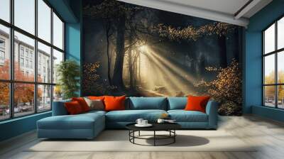 Light in the dark forest with big tree. Wall mural