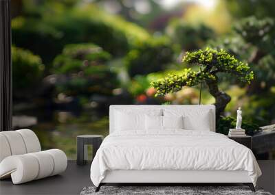 serene Japanese garden featuring bonsai tree with swing, surrounded by lush greenery and tranquil pond. soft focus enhances peaceful atmosphere, inviting relaxation and contemplation Wall mural