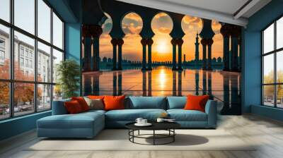 The sun is setting over a city with a large building in the background Wall mural