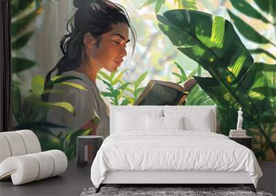 woman reading book in lush, green environment, surrounded by vibrant plants and soft sunlight filtering through leaves, creating serene and peaceful atmosphere Wall mural