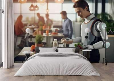 The future of humanity .robot waiter buffet restaurant worker with snack food Wall mural