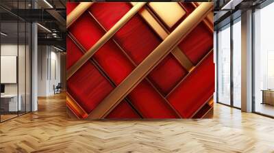 Visualize an abstract composition where luxurious diagonal gold lines elegantly overlap on a vibrant red background Wall mural