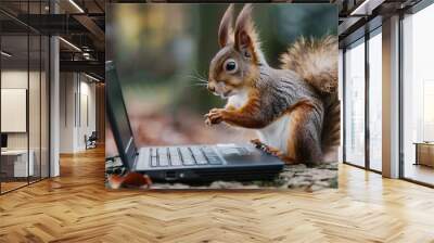 Squirrel Working on a Laptop in a Forest Setting Wall mural