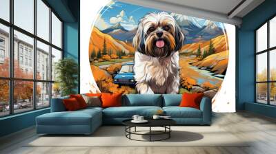 A heartwarming Shih Tzu t-shirt design, capturing the dog's loyal companionship as it accompanies a person on a scenic road trip, with winding roads, Generative Ai Wall mural