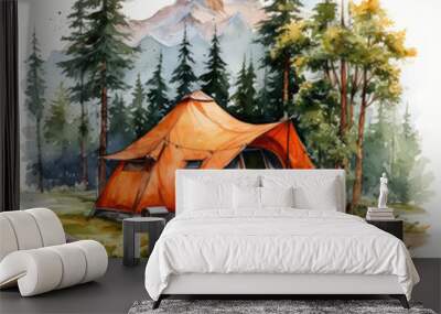 watercolor Camping Summer Mountain clipart, Generative Ai Wall mural