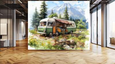 watercolor Camping Summer Mountain clipart, Generative Ai Wall mural