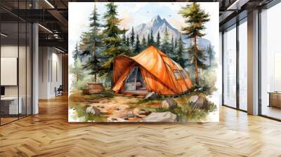 watercolor Camping Summer Mountain clipart, Generative Ai Wall mural