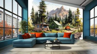 watercolor Camping Summer Mountain clipart, Generative Ai Wall mural