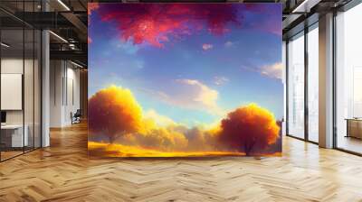 A vibrant autumn landscape against a beautiful sky. Banner format. Generative AI creation. Wall mural