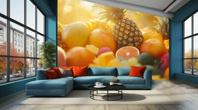 Close-up of exotic tropical fruit feast, vibrant mangoes, pineapples, papayas under golden sunlight Wall mural