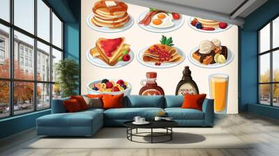 classic breakfast cartoon set with pancakes, cereal, toasts and Wall mural