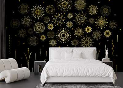 Abstract burst gold pattern fireworks set. Art deco star shaped firework pattern collection isolated on black background with rays and trails. Birthday party or carnival festive decoration, Wall mural