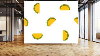 Mexican taco tuesday festival seamless pattern. Delicious fastfood yellow tacos with beef and chicken, green salad and red tomato on white background for cafe party, restaurant season offer design Wall mural