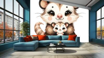 A cute cartoon illustration of a mother opossum and her baby. The mother opossum is holding the baby opossum in her arms. Wall mural