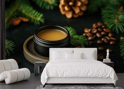 A soothing balm in a matte black jar surrounded by pine branches, coffee beans, and cinnamon on a dark surface. Wall mural