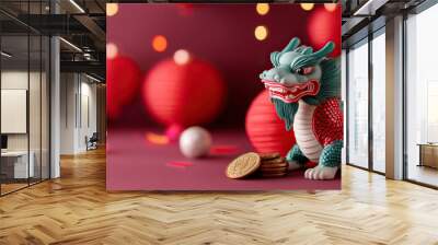 A vibrant dragon figurine surrounded by festive decorations and coins, celebrating cultural heritage and prosperity. Wall mural