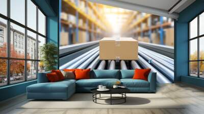 Box on conveyor belt in a warehouse, illustrating logistics and distribution process in modern storage facilities. Wall mural