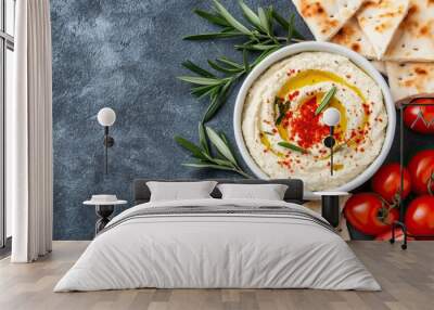 Delicious homemade hummus served with fresh tomatoes and pita bread, garnished with olive oil and herbs. Wall mural