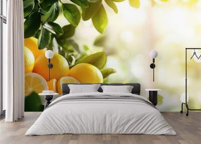 Fresh lemons in a bowl with green leaves, capturing the essence of nature and vibrant sunlight, perfect for food or wellness themes. Wall mural