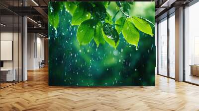 Lush green leaves glistening with raindrops, capturing the beauty of nature and refreshing atmosphere after a rainfall. Wall mural