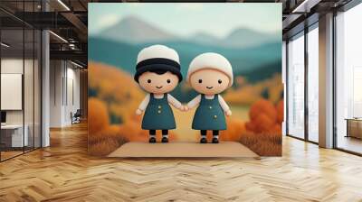 Two adorable cartoon girls in matching outfits hold hands, set against a vibrant autumn landscape. Wall mural