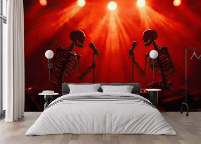 Two skeletons perform on stage under red lights, creating a spooky yet entertaining atmosphere. Wall mural