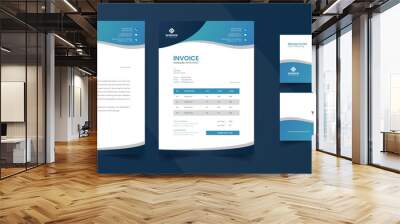 Corporate Stationery Pack With Blue And Black Color. Unique Shapes & Vector Template. Editable Business Card Letterhead And Invoice Design  Wall mural