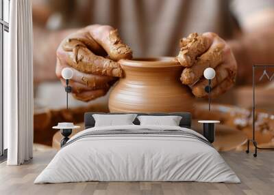 A close-up of a potter's hands shaping wet clay on a spinning wheel, capturing the craftsmanship and artistry involved in pottery making. Wall mural