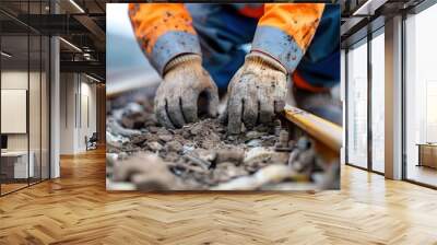 A construction worker in an orange uniform and dirty gloves repairs railroad tracks, emphasizing manual labor and hard work in tough conditions. Wall mural