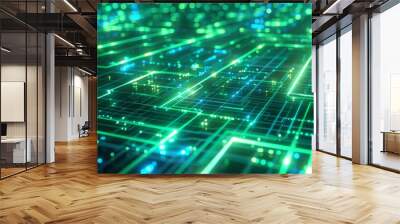 A futuristic digital circuit board with glowing green lines and nodes, illustrating advanced technology and modern electronic engineering concepts. Wall mural