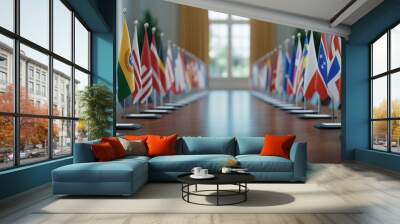 A row of international flags lined up in a conference room, symbolizing global unity, diplomacy, and international relations. Wall mural