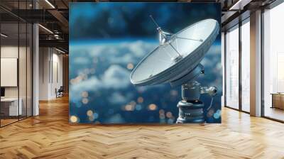 A satellite dish in space with a blurred background of Earth, symbolizing global communication and data transmission. Wall mural