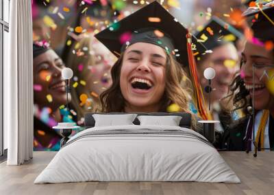 group of graduates in caps and gowns celebrating with confetti, smiling and laughing joyfully. Wall mural