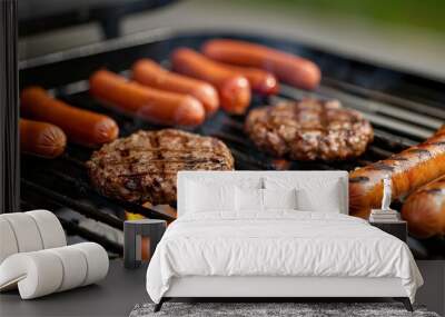 Juicy hot dogs and burgers sizzle on a barbecue grill, ready for a delicious summer meal. Wall mural