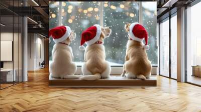 Three adorable puppies wearing Santa hats gaze out a window, watching snowflakes fall outside during the holiday season. Wall mural