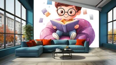  A cute little boy wearing glasses is sitting on a purple bean bag chair reading, with colorful squares floating in front of him Wall mural