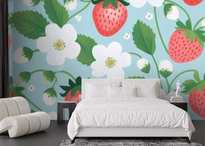  Seamless pattern with strawberries and white flowers on a blue background Wall mural