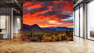 A digital painting of the Arizona desert with cacti and mountains in background, red sky with orange clouds, beautiful, vibrant Wall mural